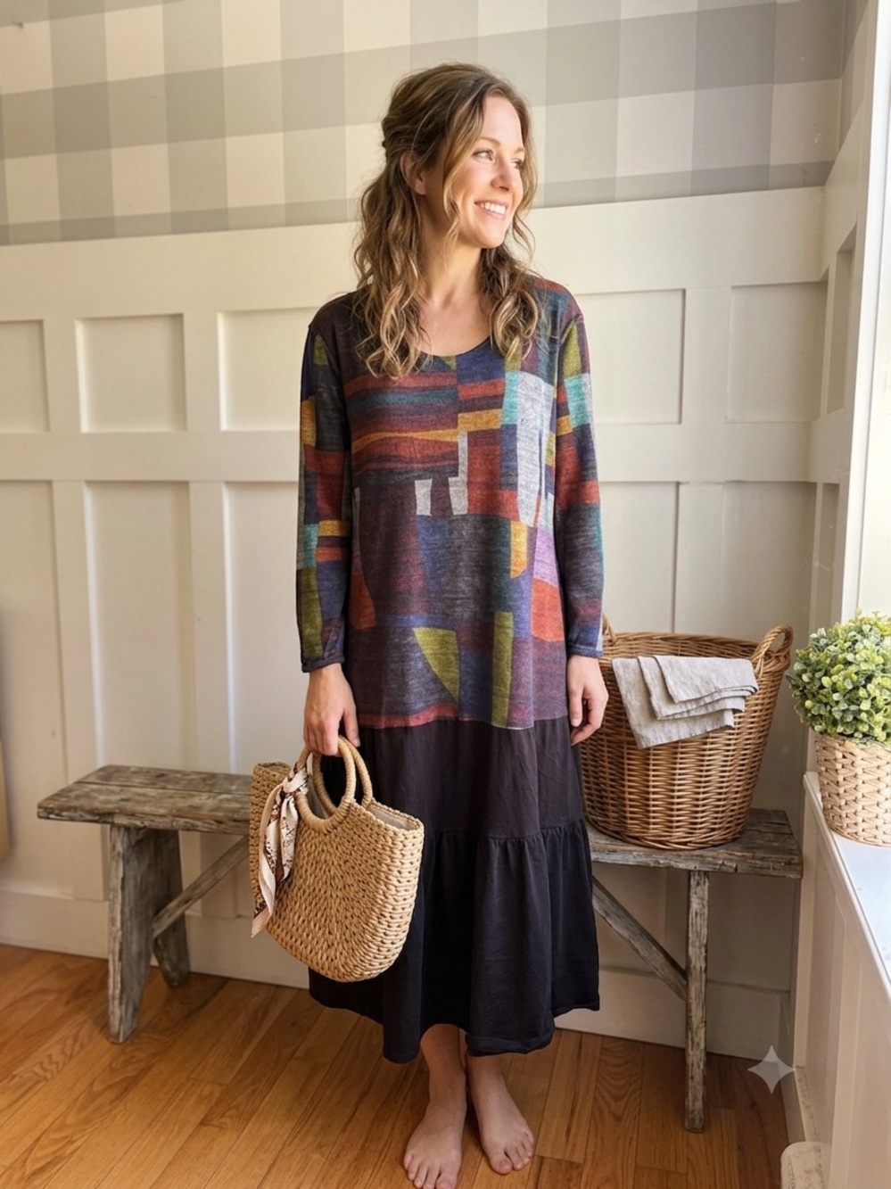 Parsley & Sage Multicolor Geometric Knit Top with Black Tiered Midi Skirt